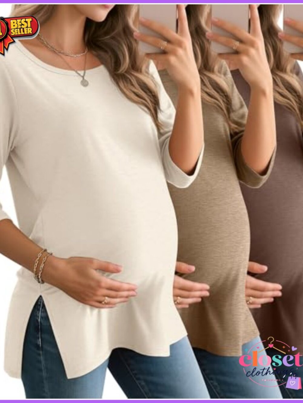 3 Pack Women's Maternity 3/4 Sleeve Tops Loose Crewneck T-Shirts